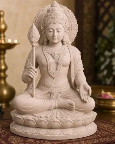 Handcrafted Dholpur Pink Sandstone Seated Murugan on Lotus Statue, 20in