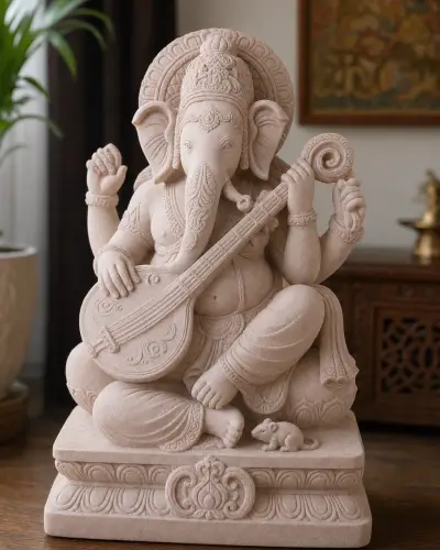 Dholpur Pink Sandstone Ganesh Playing the Veena, 18 in