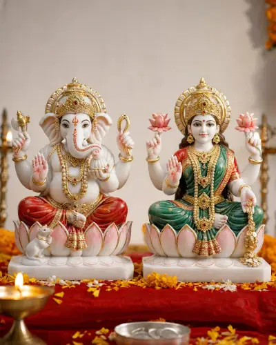 Hand-Painted Makrana Marble Lakshmi Ganesh Pair with Gold Shringar, 12 in