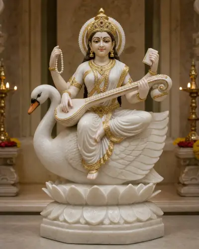 Hand-Painted Makrana Marble Saraswati Seated on Her Swan, 18in