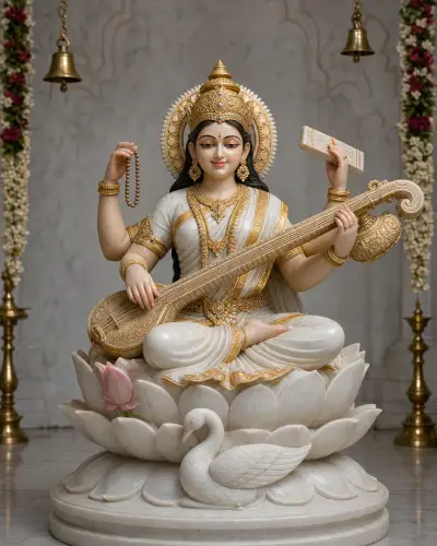 Hand-Painted Makrana Marble Saraswati Murti with Gold Shringar, 24in