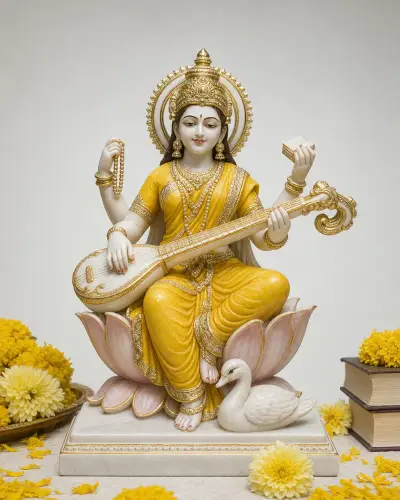 Hand-Painted Makrana Marble Saraswati in a Yellow Sari for Vasant Panchami, 15in