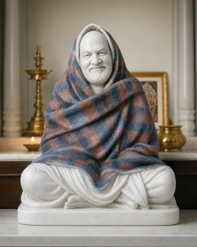 Hand-Painted Makrana White Marble Neem Karoli Baba Blanket Darshan Murti 15in