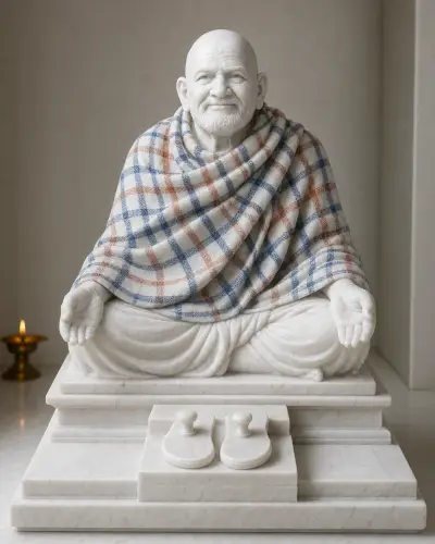Hand-Painted Makrana White Marble Neem Karoli Baba with Charan Padukas 21in