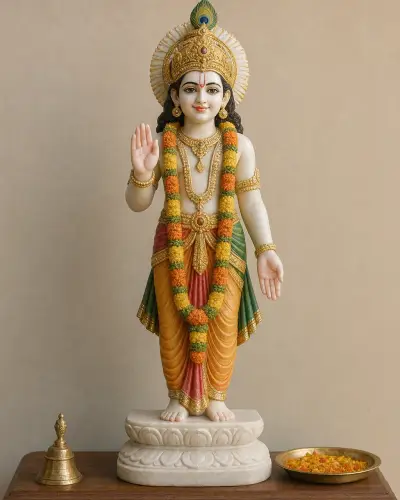 Handcrafted Hand-Painted Marble Dust Khatu Shyam Ji Darbar Murti, 9in