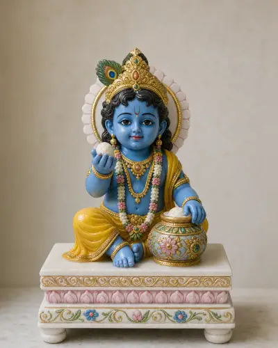 Hand-Painted Marble Dust Navaneeta Krishna, 9 in
