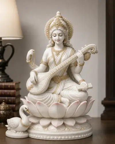 Hand-Painted Marble Dust Saraswati Murti for a Study Desk, 9in