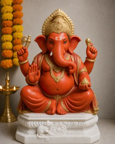 Hand-Painted Marble Dust Varadvinayak of Mahad in Shendur Orange-Red, 12 in