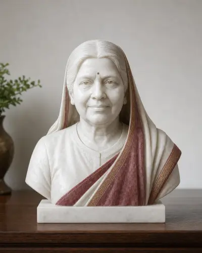 Hand-Painted Marble Bust Statue of a Mother in a Saree 18in