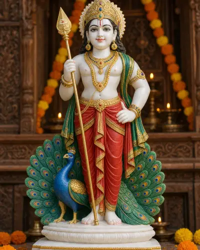 Handcrafted Hand-Painted Marble Murugan Statue with Vel and Peacock, 2ft
