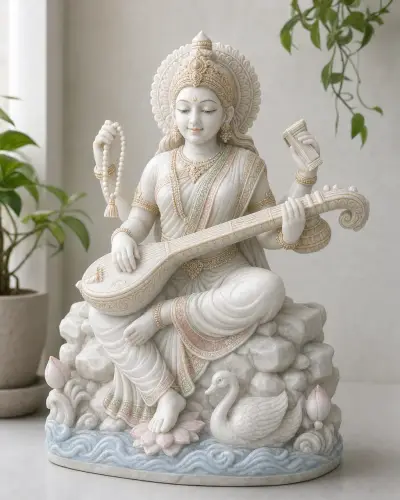 Hand-Painted Vietnam White Marble Saraswati by the River with Her Swan, 20in