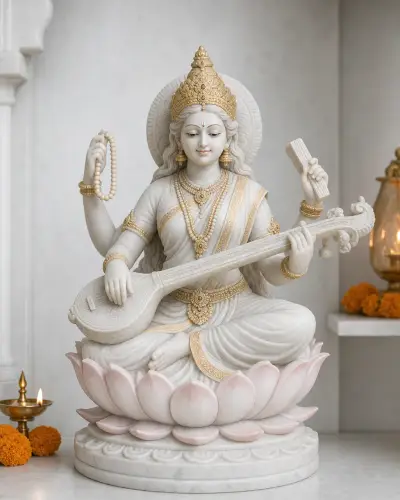 Hand-Painted Vietnam White Marble Saraswati Murti on a Lotus, 12in