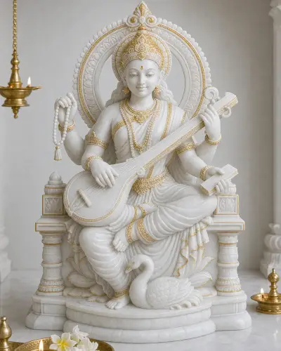 Hand-Painted Vietnam White Marble Saraswati on a Carved Singhasan, 21in