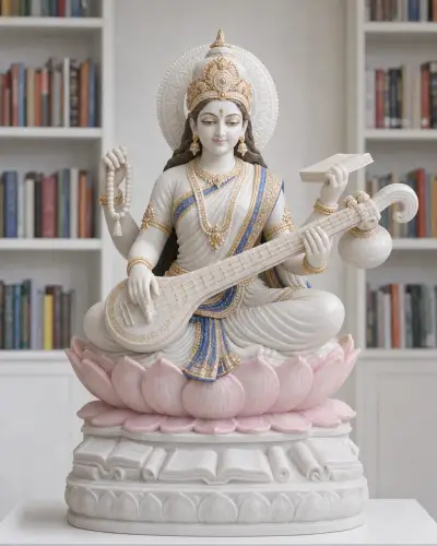 Hand-Painted Vietnam White Marble Saraswati with Veena and Book, 18in