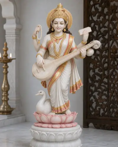 Hand-Painted Vietnam White Marble Standing Saraswati, 30in