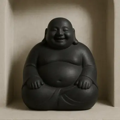 Handcrafted Black Granite Laughing Buddha Statue – Meditation, 1.7ft