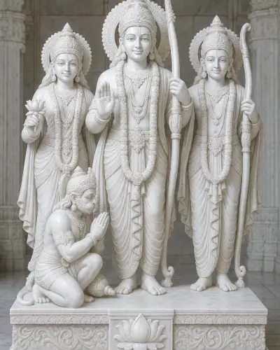 Handcrafted Makrana Marble Ram Darbar Set with Lakshman & Hanuman, 4ft
