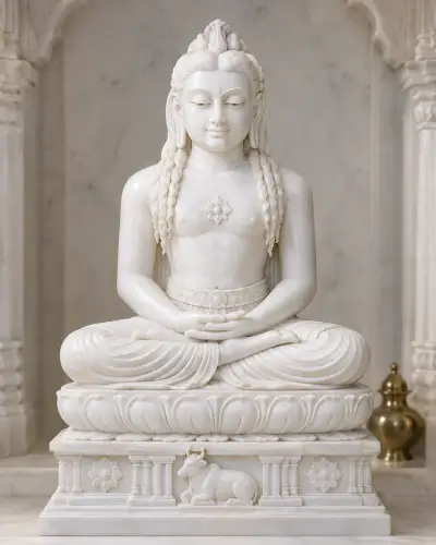 Makrana White Marble Adinath Rishabhdev Murti, 18in