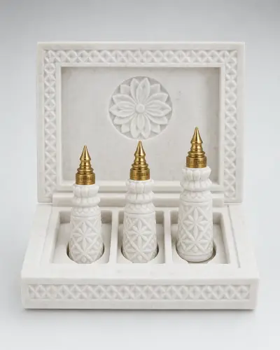 Makrana Marble Attar Bottle Set of Three with Brass Stoppers, 5in