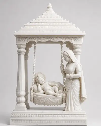 Makrana White Marble Bal Gopal on Carved Jhula with Pavilion, 18 in