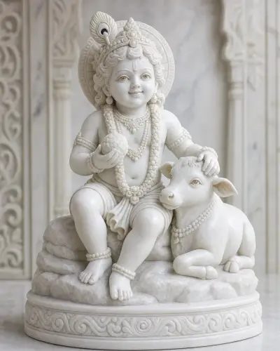 Makrana White Marble Bal Gopal with Calf, 15 in