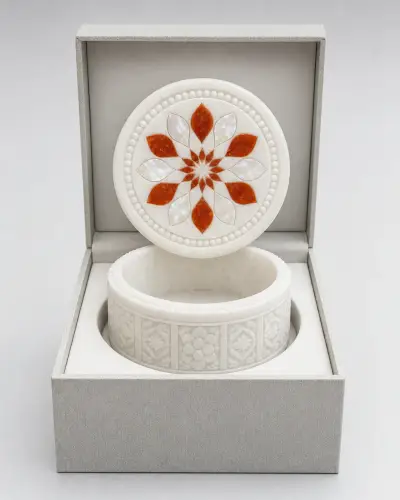 Makrana Marble Bridal Chooda Box with Inlaid Lid, 7in