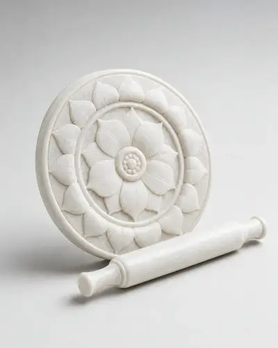 Makrana White Marble Chakla Belan with Carved Underside, 10in