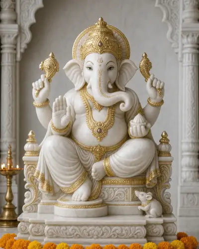 Makrana White Marble Chintamani of Theur on Gold-Leaf Singhasan, 18 in