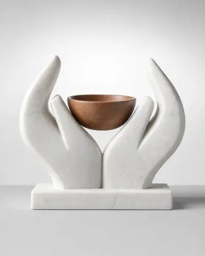Makrana Marble Cupped Hands Vessel with Wooden Bowl, 14in