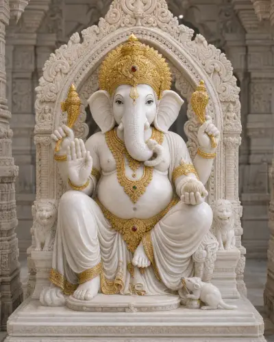 Makrana White Marble Dagdusheth Ganpati on Grand Singhasan with Prabhavali, 4 ft