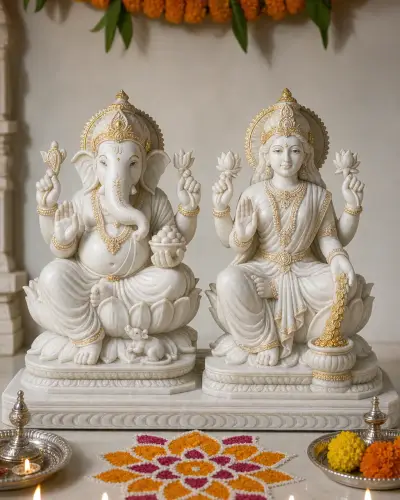 Makrana White Marble Dhan Lakshmi Ganesh Pair with Coin Shower, 18 in
