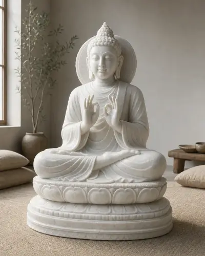 Makrana White Marble Dharmachakra Buddha Statue, 30 in
