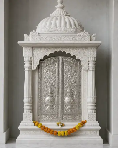 Handcrafted Makrana White Marble Double-Door Mandir with Silver-Clad Doors, 54in
