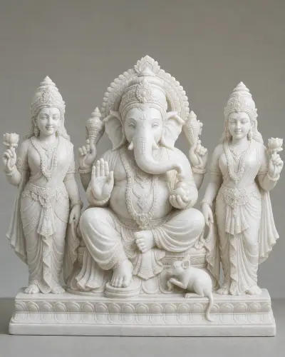 Makrana White Marble Ganesh with Riddhi and Siddhi, 24 in