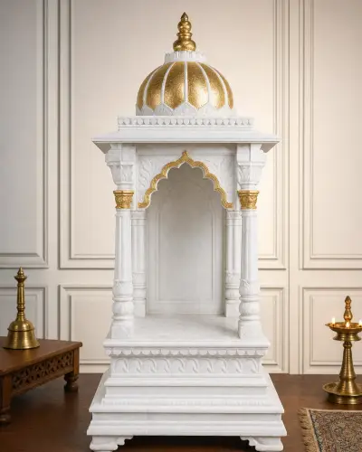 Handcrafted Makrana White Marble Gold-Leaf Dome Home Mandir, 48in