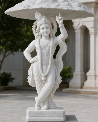 Handcrafted Makrana White Marble Govardhan-dhari Krishna Statue, 3ft