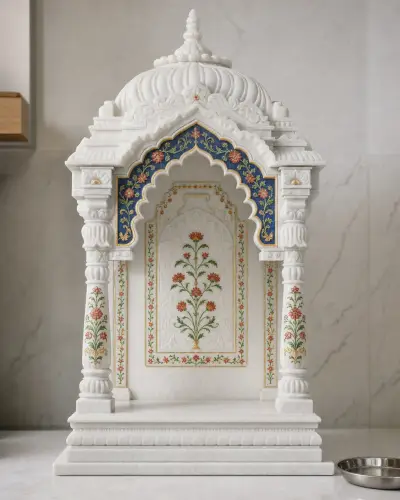 Handcrafted Makrana White Marble Hand-Painted Polychrome Home Mandir, 24in