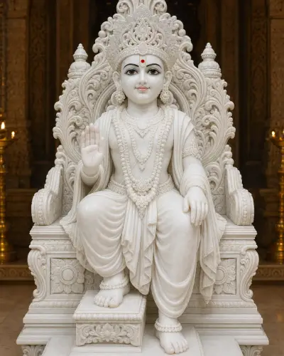 Handcrafted Makrana White Marble Harikrishna Maharaj Throne Murti, 36in