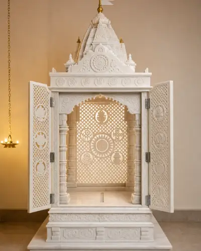Makrana White Marble Jain Derasar with Backlit Jali Panels — 48 in