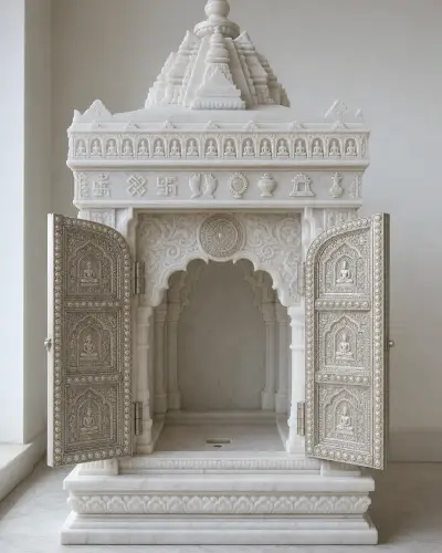 Makrana White Marble Jain Derasar, Silver-Clad Doors with Chovis Tirthankar Frieze — 42 in