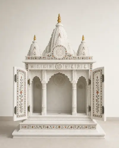 Makrana White Marble Jain Derasar, Three Gokhla with Parchin Kari Inlay — 36 in