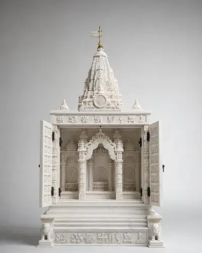 Makrana White Marble Jain Mulnayak Derasar with Parikar Framing — 60 in