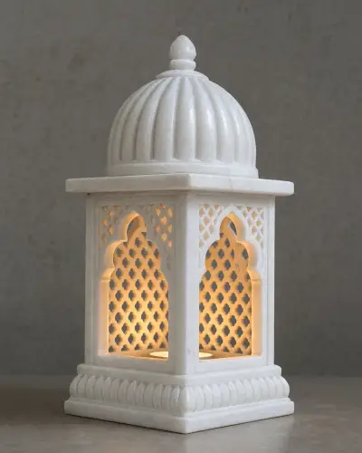 Makrana White Marble Pierced Jali Tealight Lantern, 12in