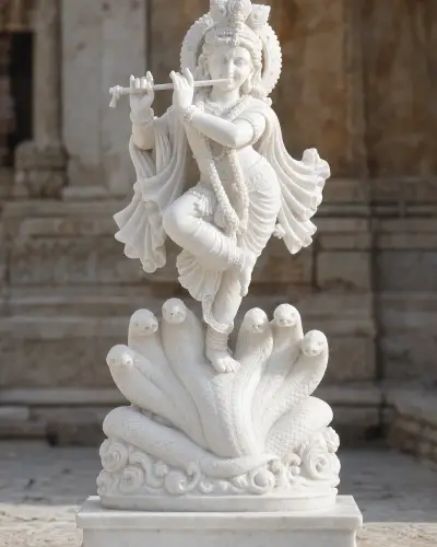 Handcrafted Makrana White Marble Kaliya Mardan Krishna Statue, 30-inch