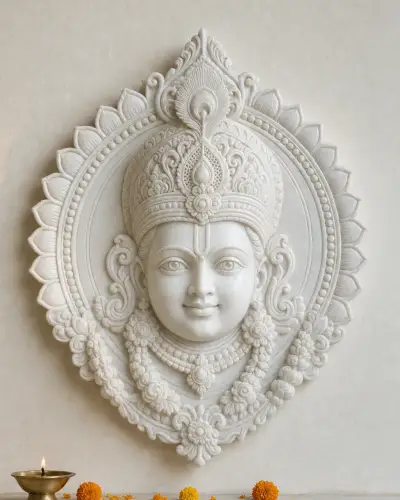 Handcrafted Makrana White Marble Khatu Shyam Ji Shish Wall Panel, 18in