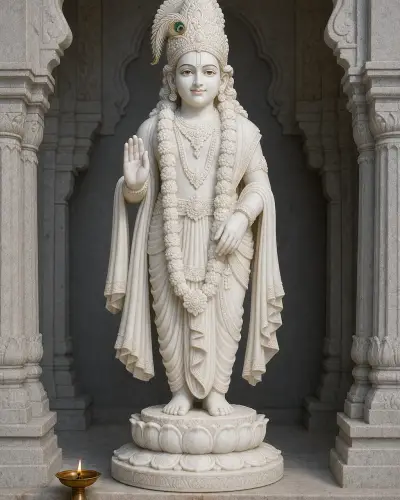 Handcrafted Makrana White Marble Khatu Shyam Ji Temple-Scale Murti, 36in