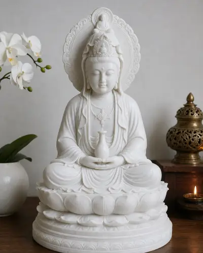 Makrana White Marble Kuan Yin Seated in Meditation on a Lotus, 24in