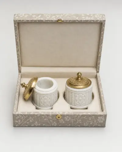 Makrana Marble Kumkum & Haldi Box Pair with Brass Lids, 4in
