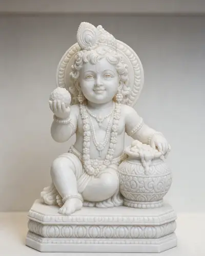 Makrana White Marble Laddu Gopal with Butter Pot, 9 in