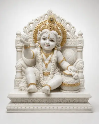 Makrana White Marble Laddu Gopal with Gold-Leaf Shringar on Singhasan, 12 in